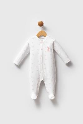 %100 Pamuk / %100 Cotton Kız Bebek Beyaz Tulum - 1