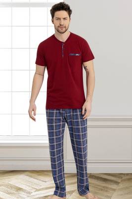 Erse - %100 Pamuk Alt Ekoseli Üst Düz Renk Yuvarlak Yaka Düğmeli Penye Süprem Pijama Takım (1)