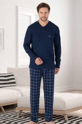 %100 Pamuk Erkek Mevsimlik Uzunkollu Pijama Takım, Altı ekoseli Cep Detaylı, Üst düz renk yuvarlak yaka düğmeli - Thumbnail