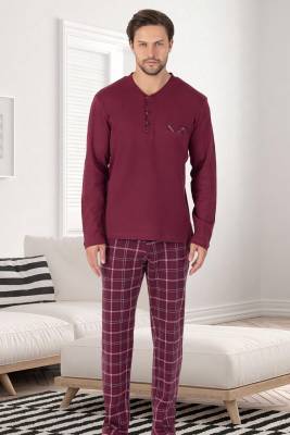 Erse - %100 Pamuk Erkek Mevsimlik Uzunkollu Pijama Takım, Altı ekoseli Cep Detaylı, Üst düz renk yuvarlak yaka düğmeli (1)