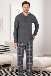 Erse - %100 Pamuk Erkek Mevsimlik Uzunkollu Pijama Takım, Altı ekoseli Cep Detaylı, Üst düz renk yuvarlak yaka düğmeli