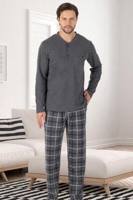 %100 Pamuk Erkek Mevsimlik Uzunkollu Pijama Takım, Altı ekoseli Cep Detaylı, Üst düz renk yuvarlak yaka düğmeli - 1