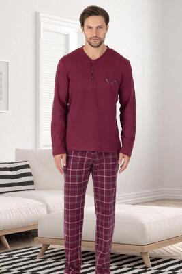 %100 Pamuk Erkek Mevsimlik Uzunkollu Pijama Takım, Altı ekoseli Cep Detaylı, Üst düz renk yuvarlak yaka düğmeli - 2