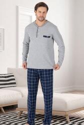 %100 Pamuk Erkek Mevsimlik Uzunkollu Pijama Takım, Altı ekoseli Cep Detaylı, Üst düz renk yuvarlak yaka düğmeli - 3