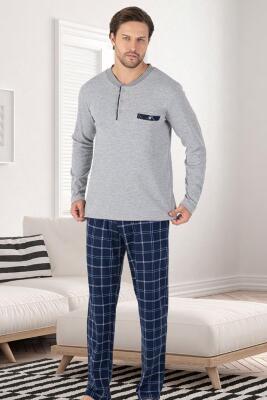 %100 Pamuk Erkek Mevsimlik Uzunkollu Pijama Takım, Altı ekoseli Cep Detaylı, Üst düz renk yuvarlak yaka düğmeli - 3