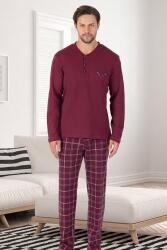 %100 Pamuk Erkek Mevsimlik Uzunkollu Pijama Takım, Altı ekoseli Cep Detaylı, Üst düz renk yuvarlak yaka düğmeli (1)