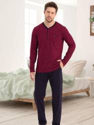 %100 Pamuk Erkek Uzun Kol Düğmeli Yaka Mevsimlik Penye Pijama Takım - Thumbnail