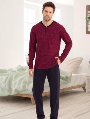 Erse - %100 Pamuk Erkek Uzun Kol Düğmeli Yaka Mevsimlik Penye Pijama Takım (1)