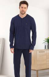 %100 Pamuk Erkek Uzun Kol Düğmeli Yaka Mevsimlik Penye Pijama Takım - Thumbnail