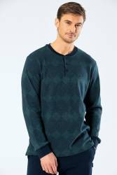 %100 Pamuk Jakarlı Baklava Desen Uzunkol Yakası Düğmeli Erkek Pijama Takım - Thumbnail