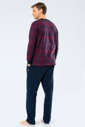 %100 Pamuk Jakarlı Baklava Desen Uzunkol Yakası Düğmeli Erkek Pijama Takım - Thumbnail