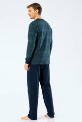 %100 Pamuk Jakarlı Baklava Desen Uzunkol Yakası Düğmeli Erkek Pijama Takım - Thumbnail