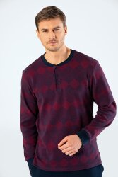 %100 Pamuk Jakarlı Baklava Desen Uzunkol Yakası Düğmeli Erkek Pijama Takım - 5