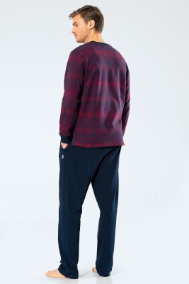 %100 Pamuk Jakarlı Baklava Desen Uzunkol Yakası Düğmeli Erkek Pijama Takım - 6