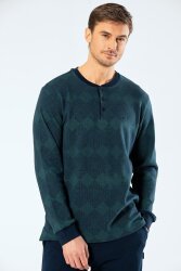 %100 Pamuk Jakarlı Baklava Desen Uzunkol Yakası Düğmeli Erkek Pijama Takım - 3