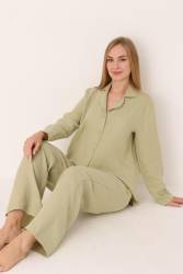 %100 Pamuk, Müslin Dokuma, Önden Düğmeli, Gömlek Yakalı Kadın Pijama Takım - Thumbnail