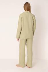 %100 Pamuk, Müslin Dokuma, Önden Düğmeli, Gömlek Yakalı Kadın Pijama Takım - Thumbnail