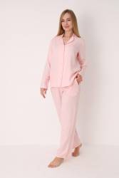 %100 Pamuk, Müslin Dokuma, Önden Düğmeli, Gömlek Yakalı Kadın Pijama Takım - Thumbnail