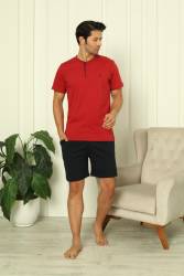 %100 Pamuk Penye 3'lü Erkek Pijama Takımı, Kısakollu, Pantolonu ve şortu cepli Erkek pijama takım - Thumbnail