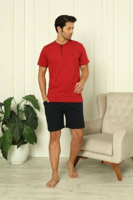 REN - %100 Pamuk Penye 3'lü Erkek Pijama Takımı, Kısakollu, Pantolonu ve şortu cepli Erkek pijama takım