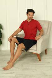 %100 Pamuk Penye 3'lü Erkek Pijama Takımı, Kısakollu, Pantolonu ve şortu cepli Erkek pijama takım - Thumbnail