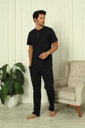 %100 Pamuk Penye 3'lü Erkek Pijama Takımı, Kısakollu, Pantolonu ve şortu cepli Erkek pijama takım - Thumbnail