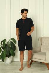 %100 Pamuk Penye 3'lü Erkek Pijama Takımı, Kısakollu, Pantolonu ve şortu cepli Erkek pijama takım - Thumbnail