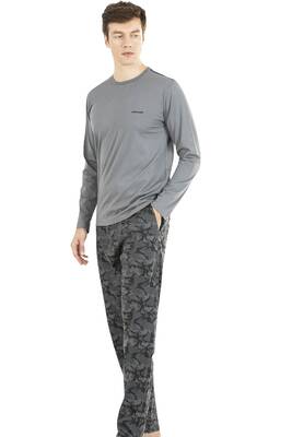 Pierre Cardin - %100 Pamuk Penye Pijama Takım, Üst Uzunkol Düz Alt Kamuflaj Desen Cepli Erkek Pijama Takım