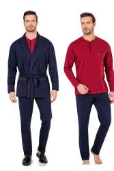 %100 Pamuk Penye Pijama Takım ve Ropdöşambır Çeyizlik Damat Seti - Thumbnail