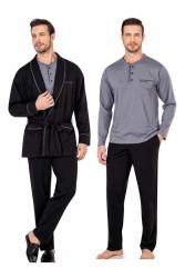 %100 Pamuk Penye Pijama Takım ve Ropdöşambır Çeyizlik Damat Seti - Thumbnail