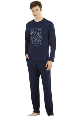 %100 Pamuk Penye Uzunkol Yuvarlak Yaka Mevsimlik Erkek Pijama Takım - 3