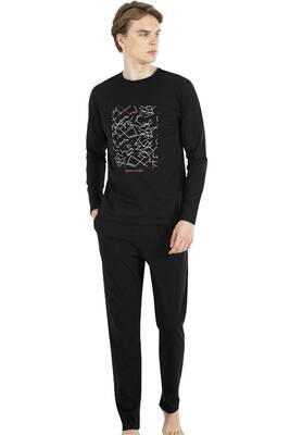 %100 Pamuk Penye Uzunkol Yuvarlak Yaka Mevsimlik Erkek Pijama Takım - 4