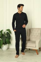 %100 Pamuk Penye Yuvarlak Yakası, Uzunkollu, Pantolonu cepli Erkek pijama takım - Thumbnail