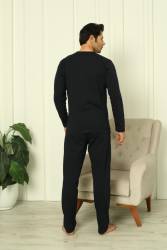 %100 Pamuk Penye Yuvarlak Yakası, Uzunkollu, Pantolonu cepli Erkek pijama takım - Thumbnail