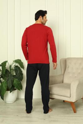 %100 Pamuk Penye Yuvarlak Yakası, Uzunkollu, Pantolonu cepli Erkek pijama takım - 2