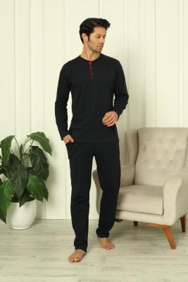 %100 Pamuk Penye Yuvarlak Yakası, Uzunkollu, Pantolonu cepli Erkek pijama takım - 3