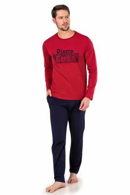 Pierre Cardin - %100 Pamuk Uzun Kol Yuvarlak Yaka Pijama Takım, Yazı Baskılı Cepli Erkek Pijama Takım