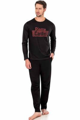 Pierre Cardin - %100 Pamuk Uzun Kol Yuvarlak Yaka Pijama Takım, Yazı Baskılı Cepli Erkek Pijama Takım (1)