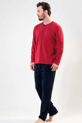 Espuar - %100 Pamuk Yuvarlak Yaka Düğmeli Çeyizlik Mevsimlik Erkek Pijama Takım