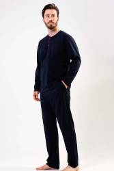 %100 Pamuk Yuvarlak Yaka Düğmeli Çeyizlik Mevsimlik Erkek Pijama Takım (1)