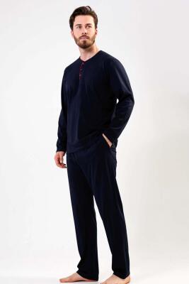 %100 Pamuk Yuvarlak Yaka Düğmeli Çeyizlik Mevsimlik Erkek Pijama Takım - 2