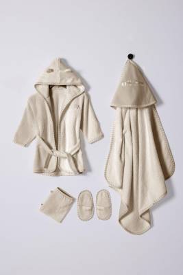 U.S. Polo Assn. - %100 Pamuklu 4'lü Erkek Bebek Bej Bornoz Seti