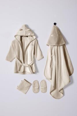 %100 Pamuklu 4'lü Erkek Bebek Bej Bornoz Seti - 1