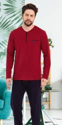 %100 Pamuklu Düz Renk Uzun Kol Mevsimlik Erkek Pijama Takım - Thumbnail