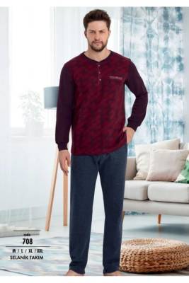 Erse - 100 Pamuklu Erkek Kışlık Selanik Dokuma Desenli Pijama Takım