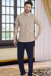 %100 Pamuklu Erkek Polo Yaka Kısa Kol T-shirt ve Alt Pijama Takım - Thumbnail