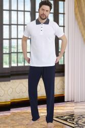 %100 Pamuklu Erkek Polo Yaka Kısa Kol T-shirt ve Alt Pijama Takım Beyaz