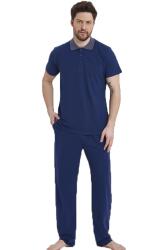 %100 Pamuklu Erkek Polo Yaka Kısa Kol T-shirt ve Alt Pijama Takım indigo
