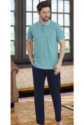 %100 Pamuklu Erkek Polo Yaka Kısa Kol T-shirt ve Alt Pijama Takım Turkuaz
