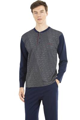 Pierre Cardin - %100 Pamuklu Jakarlı Kutulu Erkek Pijama Takım, UZunkol Düğmeli Yaka Çeyize Uygun Pijama Takım (1)